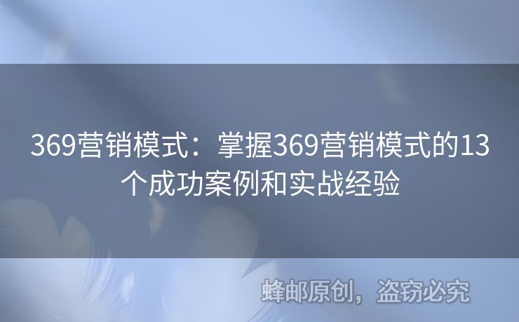 369营销模式：掌握369营销模式的13个成功案例和实战经验